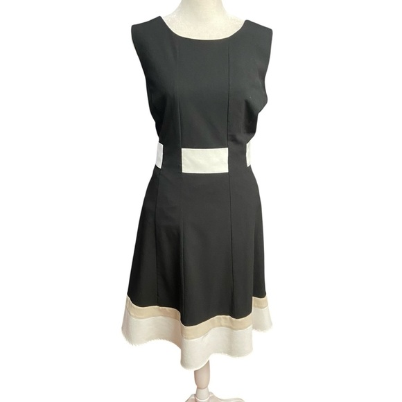 Calvin Klein Fit & Flare Colorblock Sleeveless Dress Size 12 Black White Tan - Picture 2 of 10